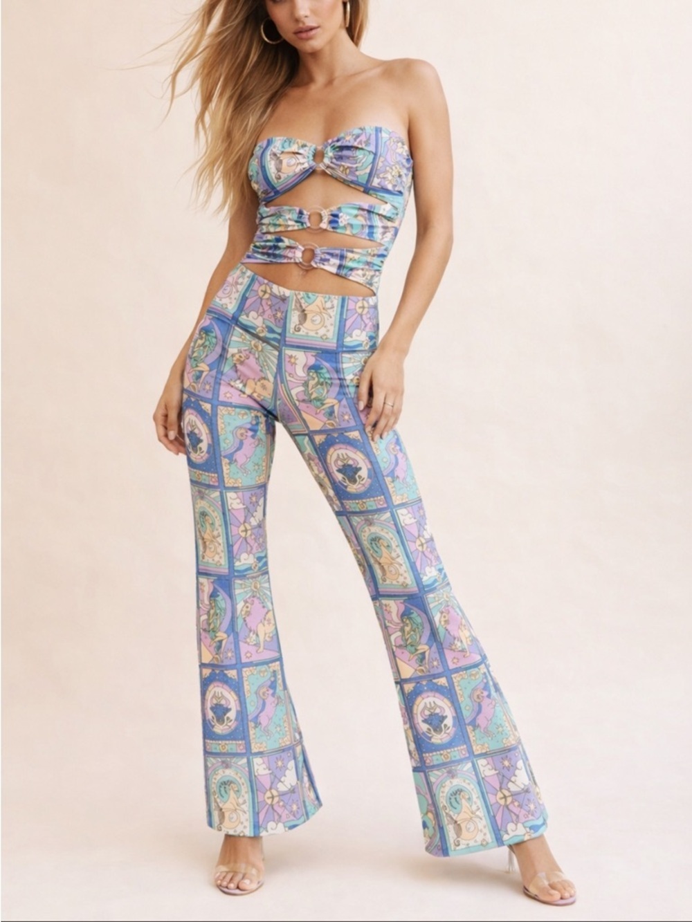 Oceanus Eden Strapless zodiac Cutout Jumpsuit metallic Print 38572